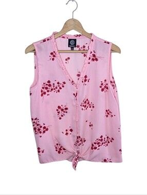 Bobeau Pink Red Floral Print Ruffle Tie Front Button Up Sleeveless Blouse Large